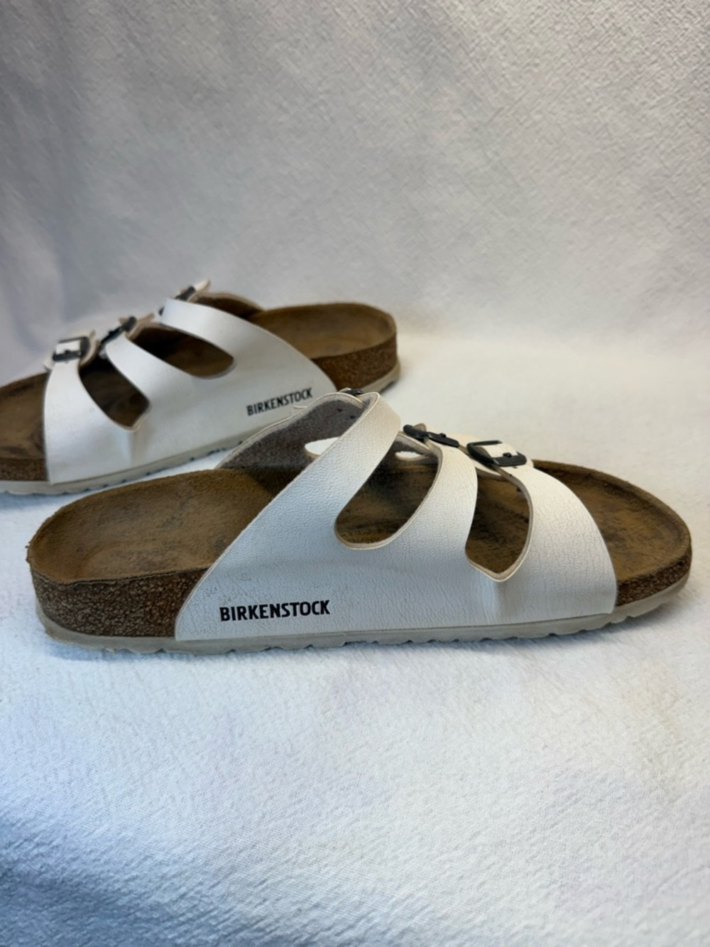 Hippie Style Birkenstock Women Florida White Triple-Strap Cork Footbed Sandals - Picture 2 of 10